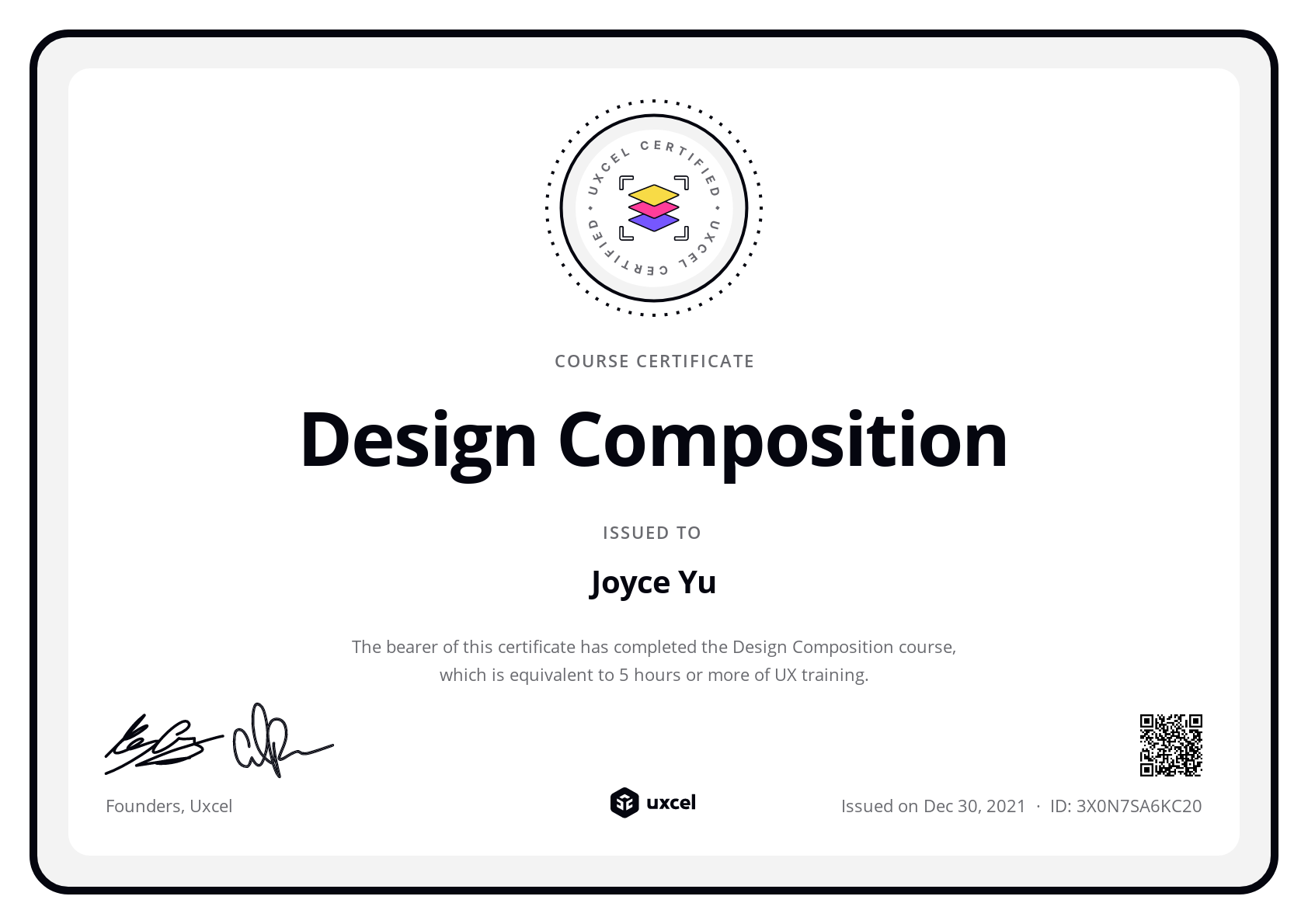 Joyce Yu's certificate